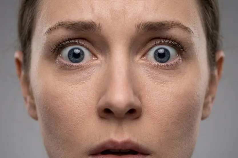 Close-up of a person's face showing clearly widened eyes — upper eyelids raised high, whites of the eyes visible above the iris, expression conveying alarm or fear