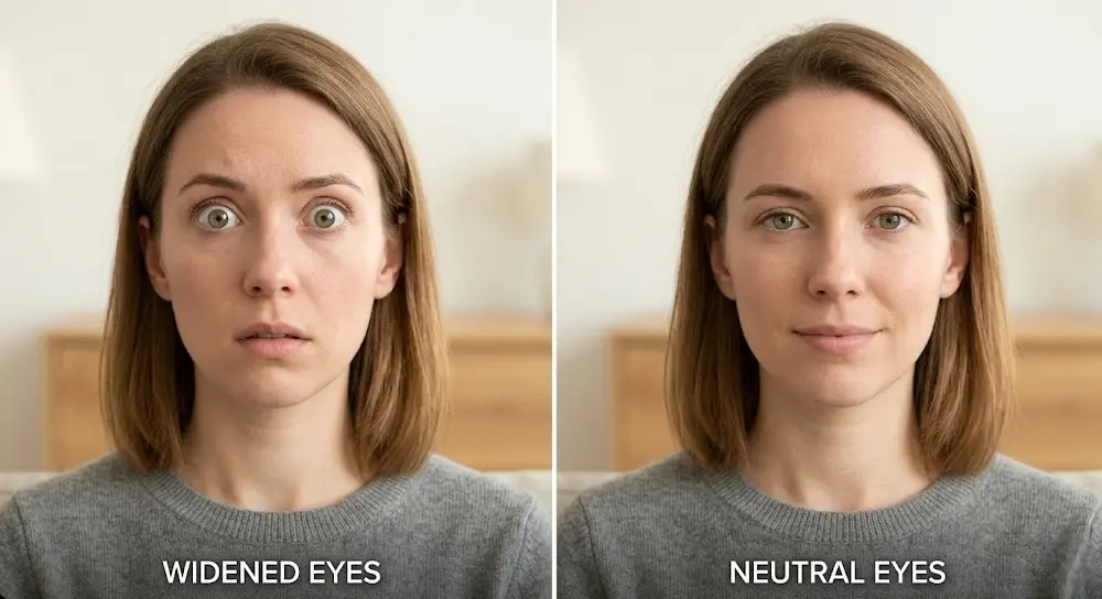 Side-by-side of the same person showing widened alarmed eyes on the left versus calm neutral eyes on the right — demonstrating the contrast between the threat-detection state and baseline