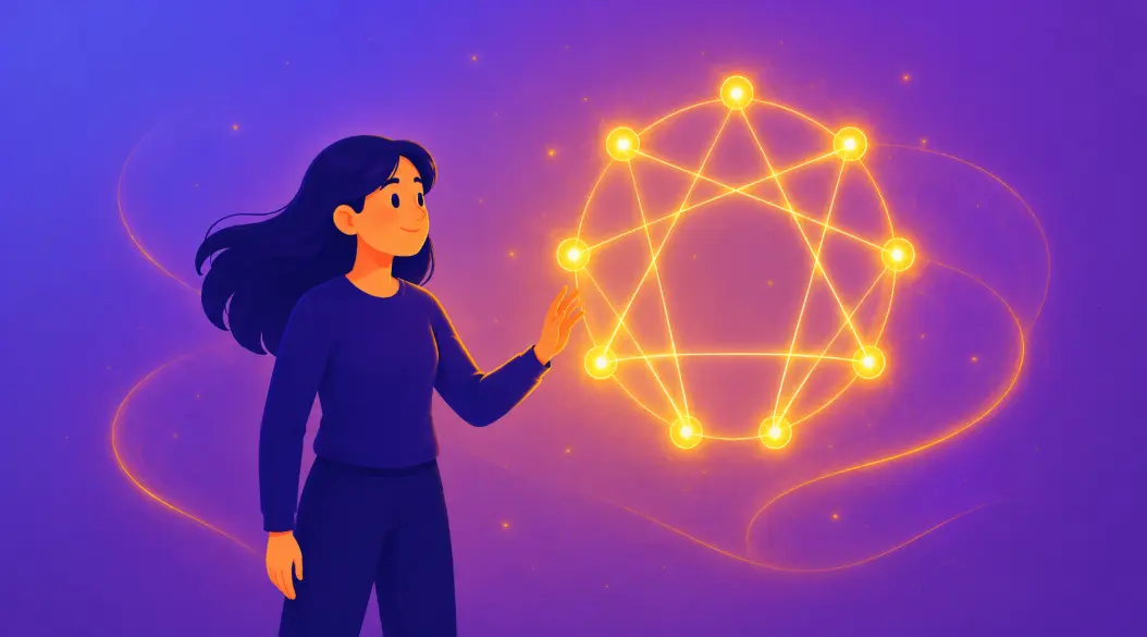 A figure reaching toward a glowing nine-pointed Enneagram symbol, representing how each type connects to its neighbors