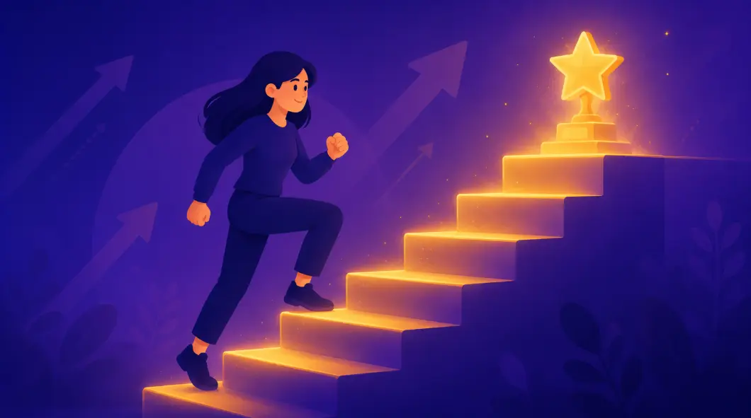Enneagram Type 3 The Achiever illustration — a figure ascending a staircase toward a gold star