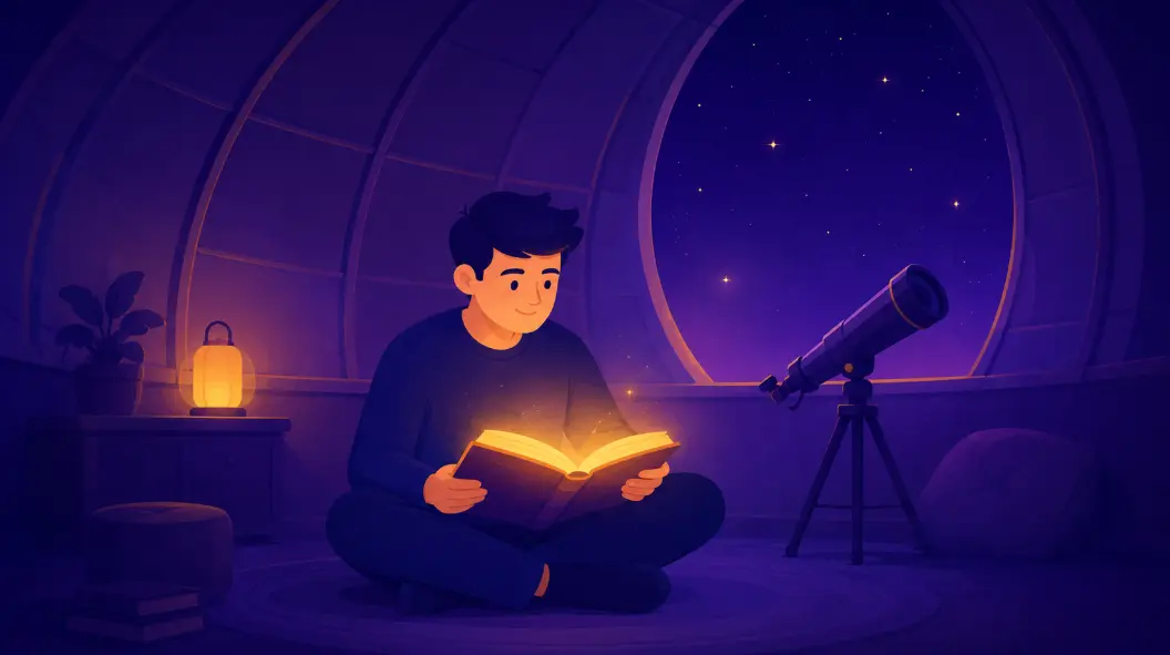 Enneagram Type 5 The Investigator illustration — a figure reading inside a cozy glowing observatory dome