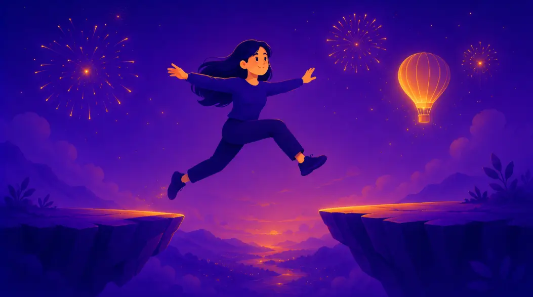 Enneagram Type 7 The Enthusiast illustration — a figure mid-leap between floating islands with a hot air balloon and fireworks