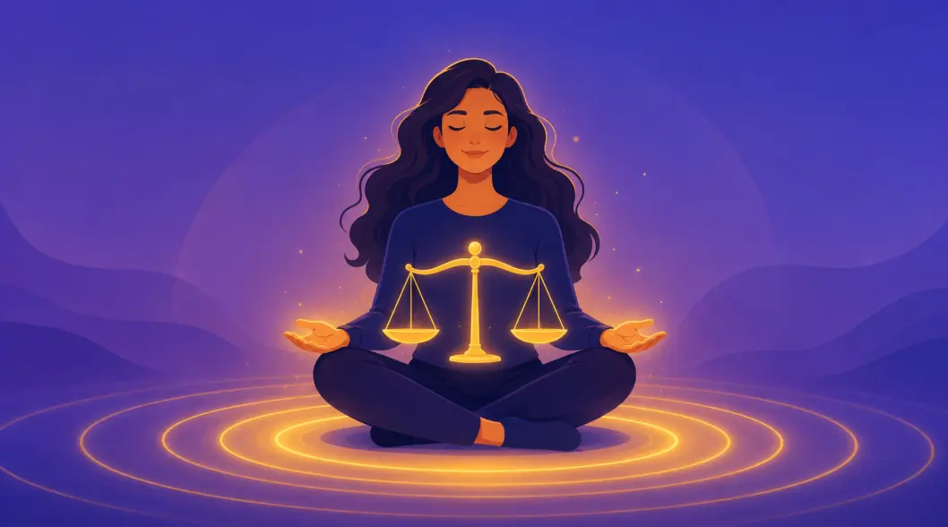 Enneagram Type 9 The Peacemaker illustration — a serene figure meditating at the balance point of a gently balanced scale
