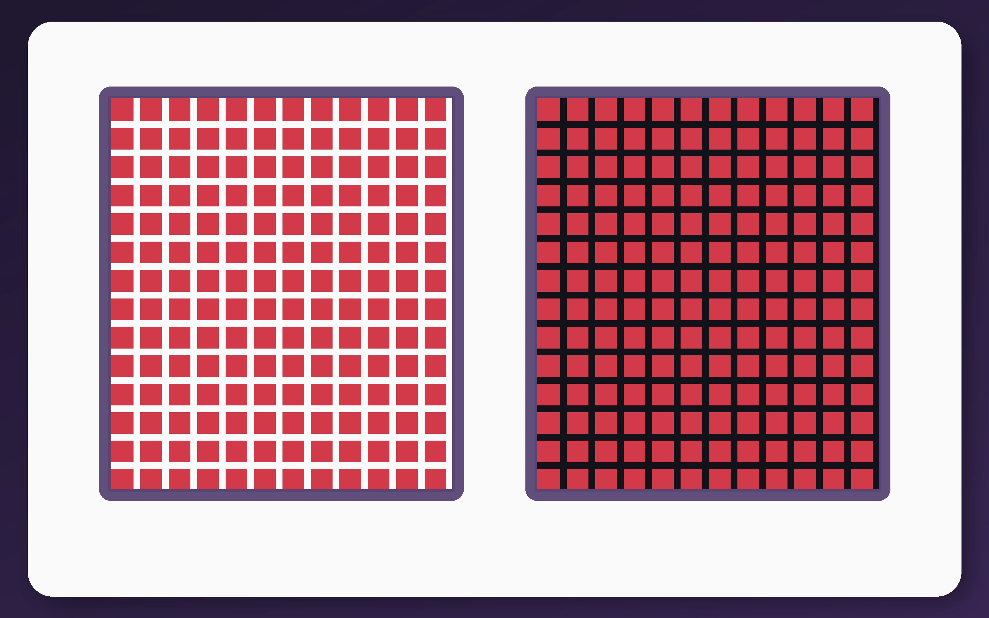 Bezold effect showing identical red tiles separated by white lines on the left and dark lines on the right