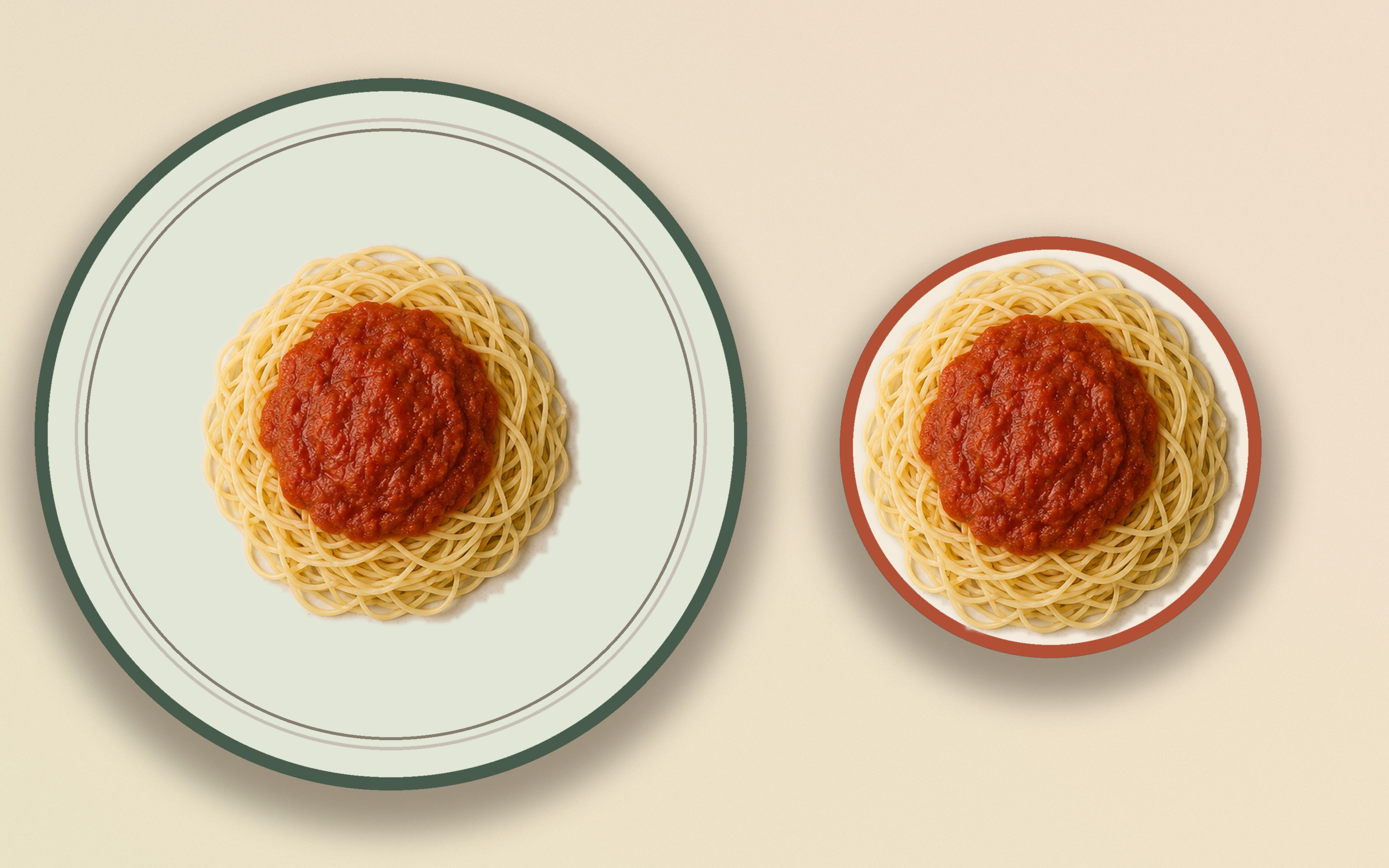 Two very different-sized plates holding pixel-for-pixel identical portions of spaghetti and tomato sauce, with the food nearly filling the smaller plate and leaving a wide empty area on the larger plate