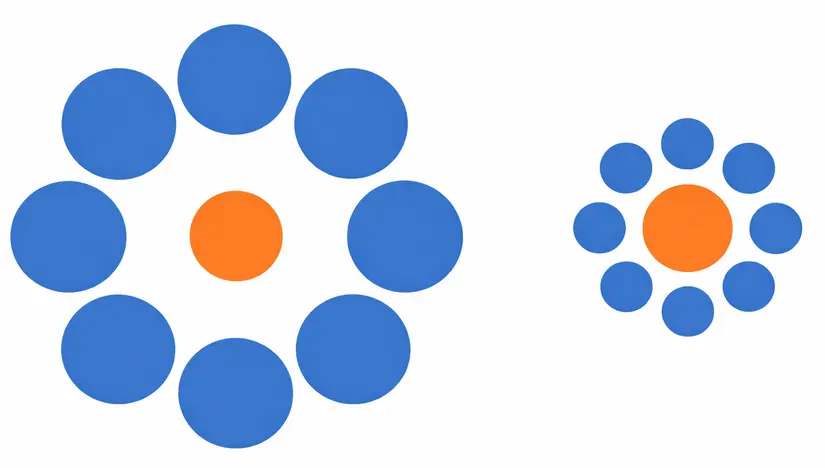 Ebbinghaus illusion — two identical orange circles, one surrounded by large blue circles appearing smaller, the other surrounded by small blue circles appearing larger