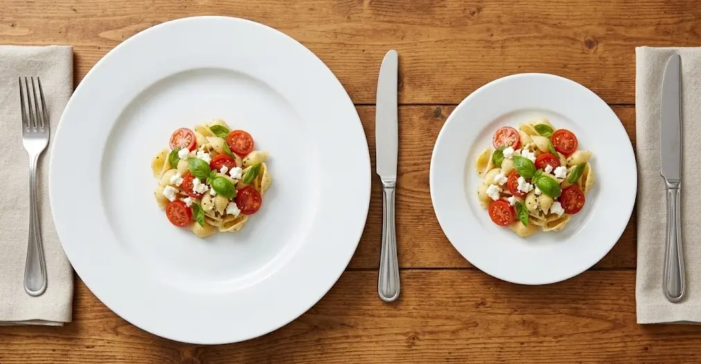 Real-world demonstration of the Ebbinghaus illusion using plates — the same food portion on a large plate looks small while the same portion on a small plate looks generous