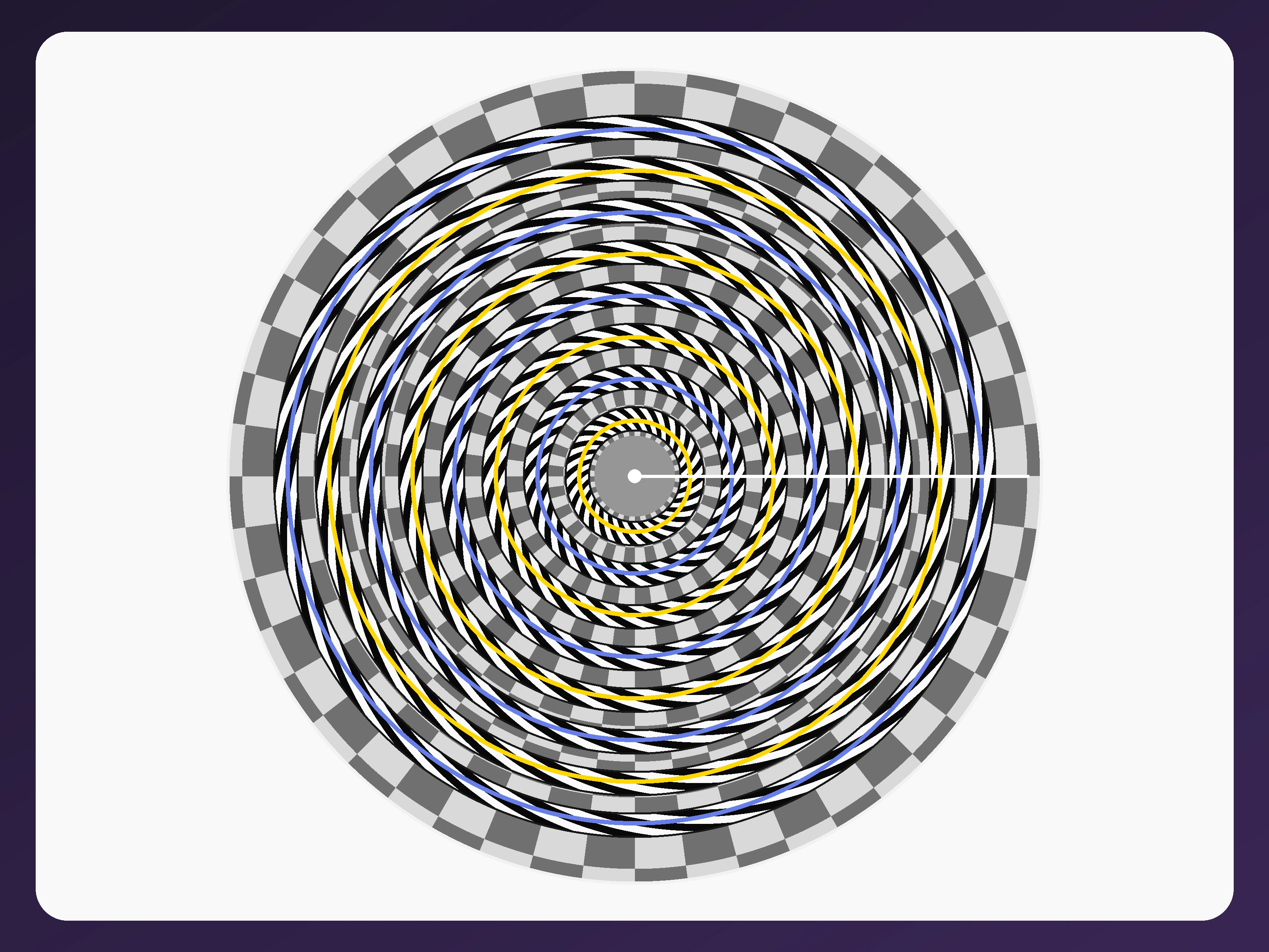 Proof of the Fraser Spiral illusion with colored circular guides tracing every concentric cord from one shared center