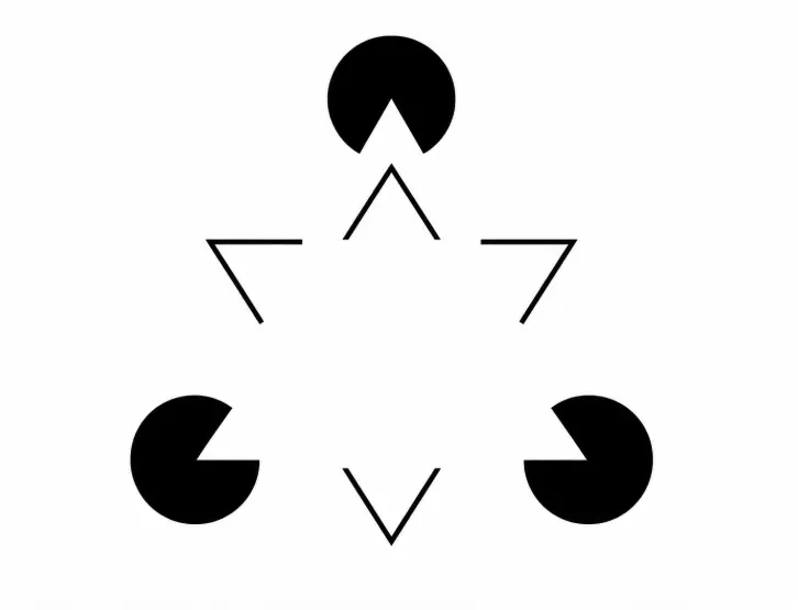 Kanizsa Triangle illusion created by three black circular shapes with wedge-shaped openings and three incomplete black angles