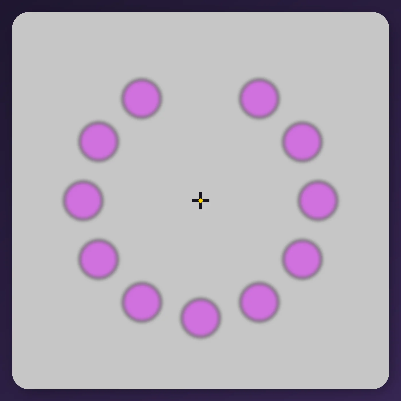 Animated Lilac Chaser illusion with twelve soft lilac disks arranged around a central fixation cross and one disk disappearing at a time