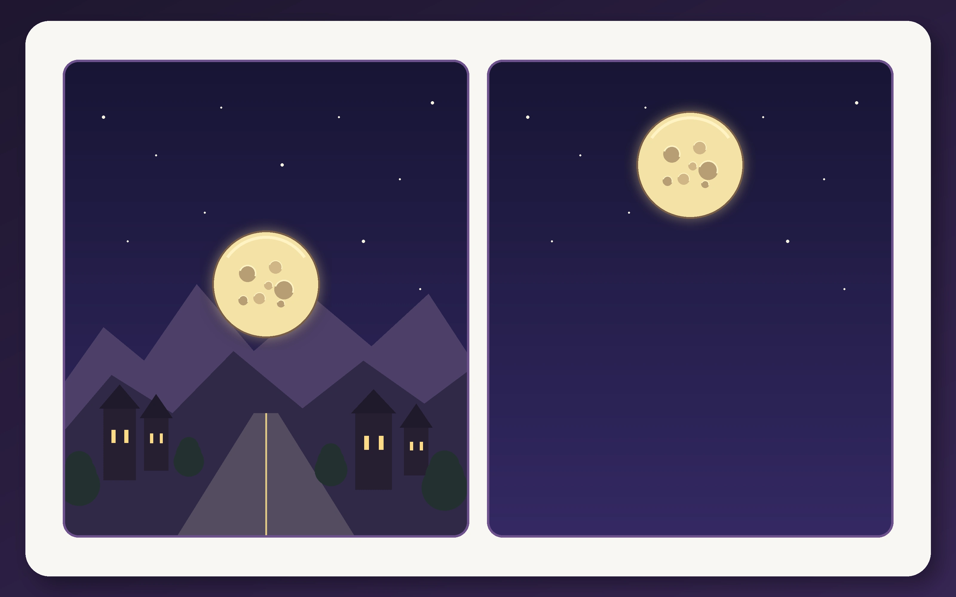 Moon illusion showing two identical moons, one near a detailed horizon and one high in an open night sky