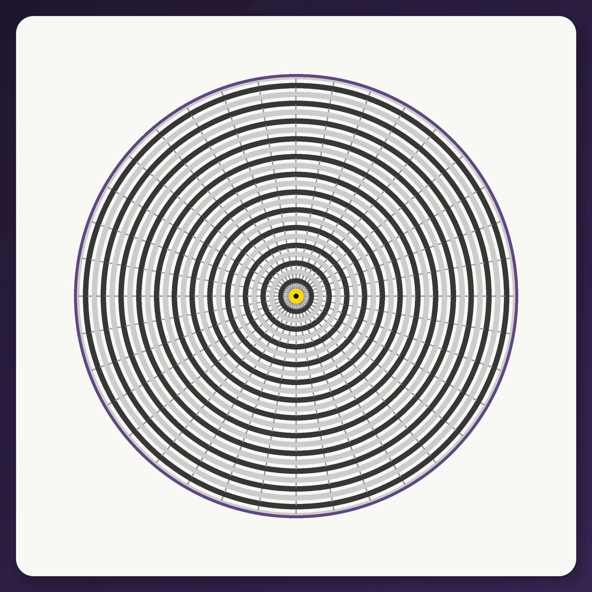 Completely stationary circular pattern of concentric rings and radial lines with a central fixation marker