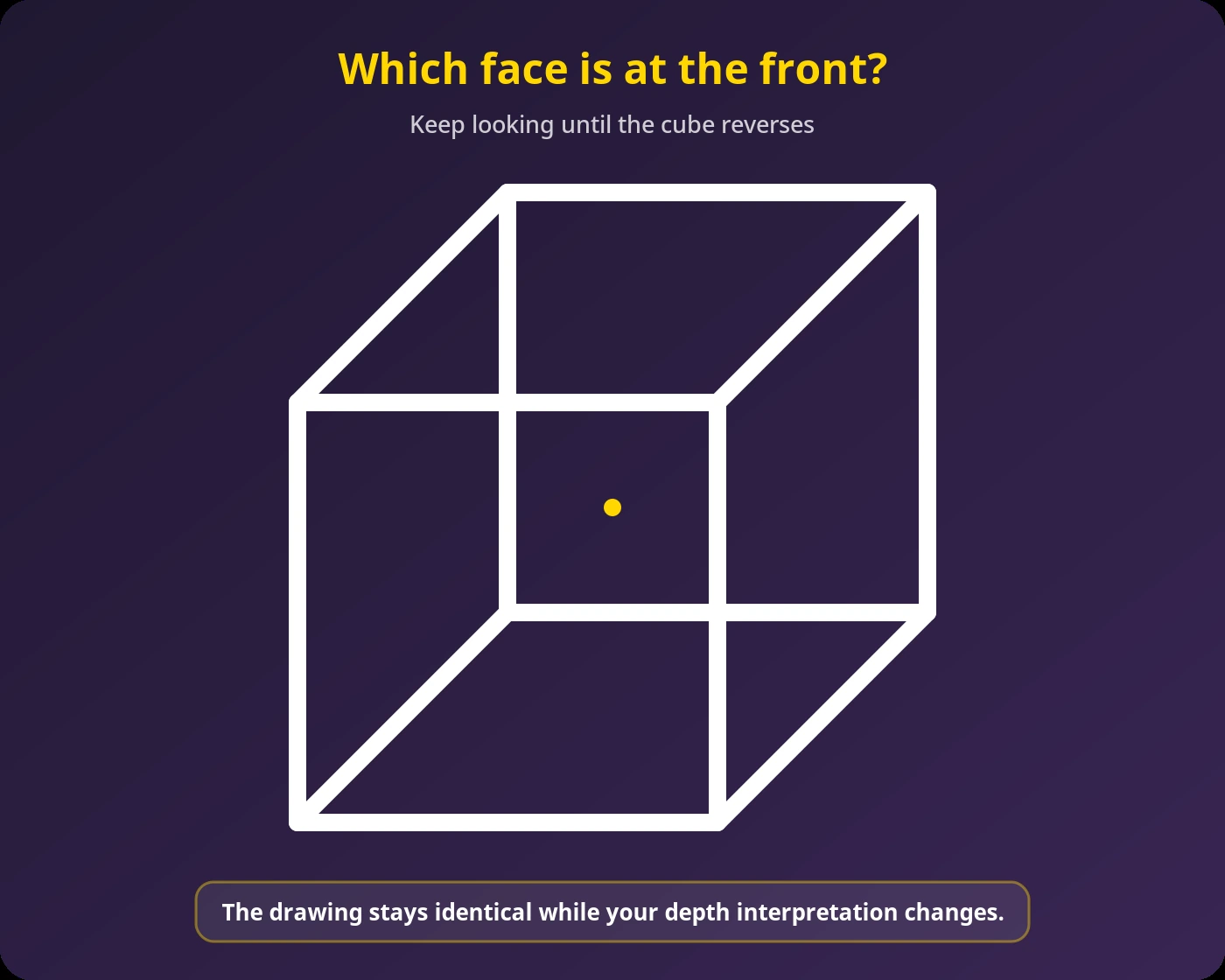 Necker Cube illusion showing an ambiguous wireframe cube that can be perceived in two different three-dimensional orientations