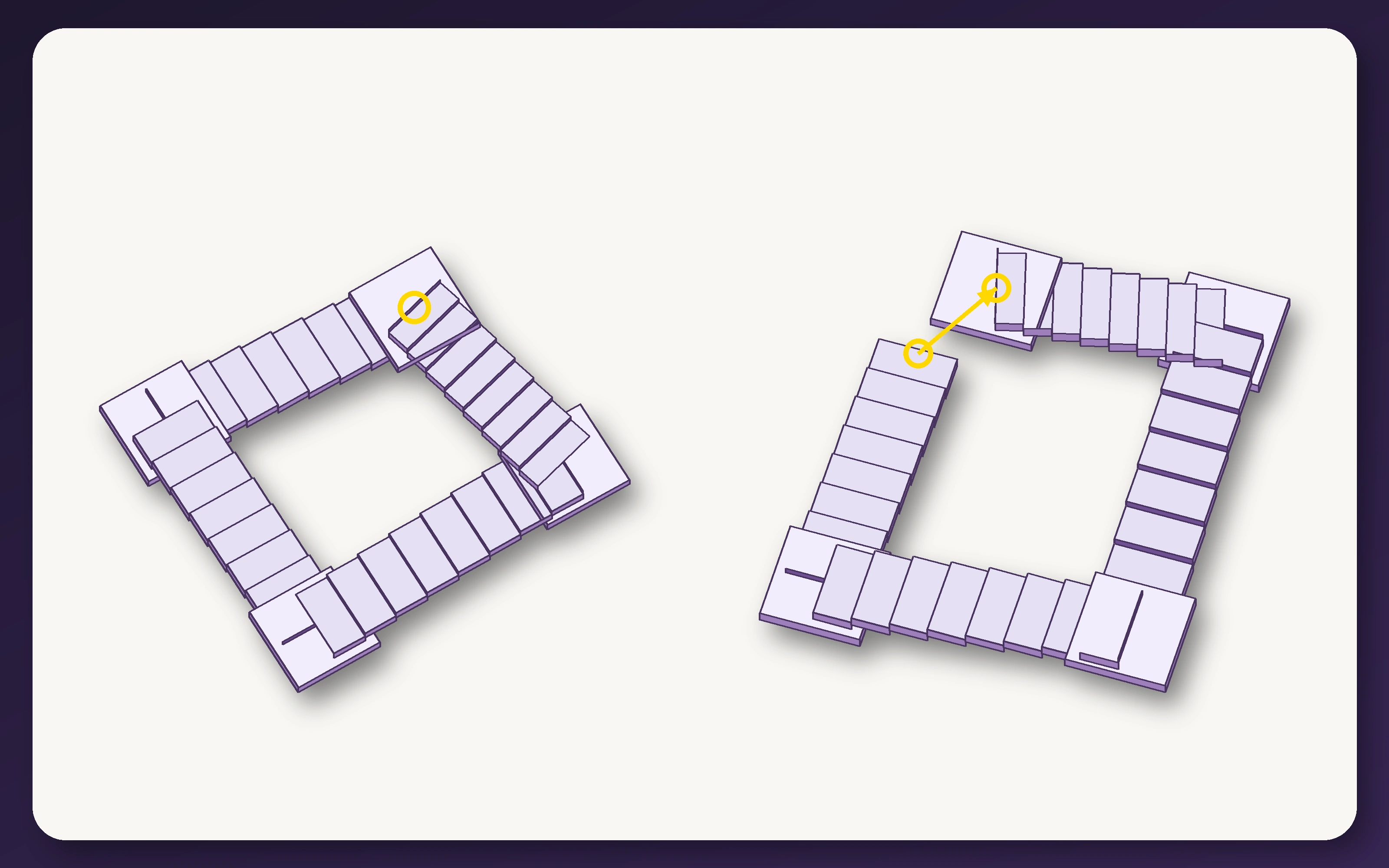 Proof of the Penrose Staircase illusion comparing the impossible viewpoint with a shifted view that reveals separated start and end landings