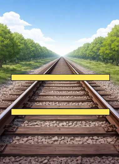 Ponzo illusion demonstrated with railroad tracks — two identical yellow bars placed between converging rails, the upper bar appearing larger due to linear perspective depth cues