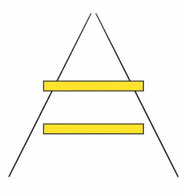 Simple diagram version of the Ponzo illusion — two identical horizontal lines between converging diagonal lines on a plain background, demonstrating the illusion without real-world context