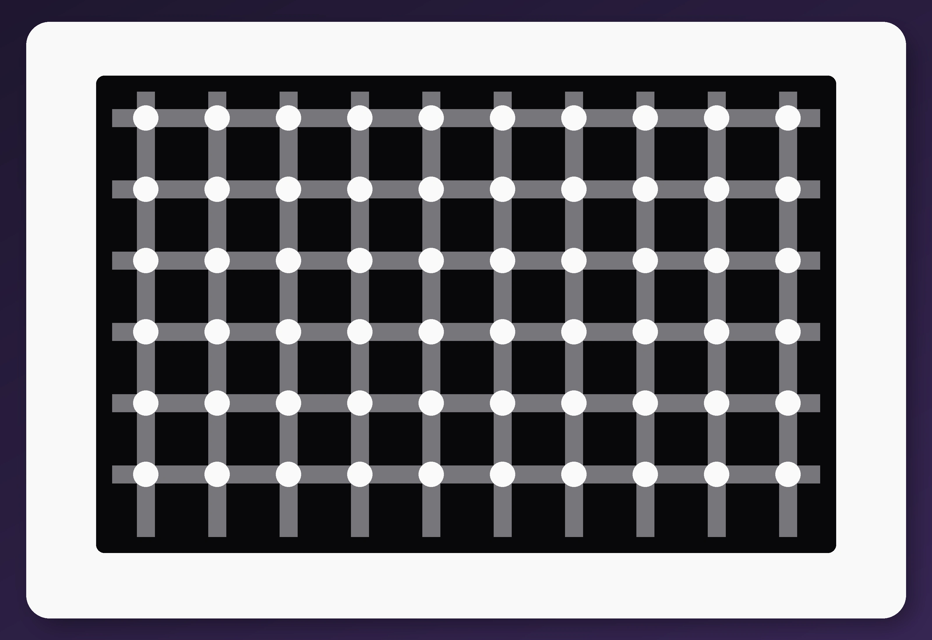Scintillating Grid illusion showing white disks at the intersections of gray grid lines on a black background