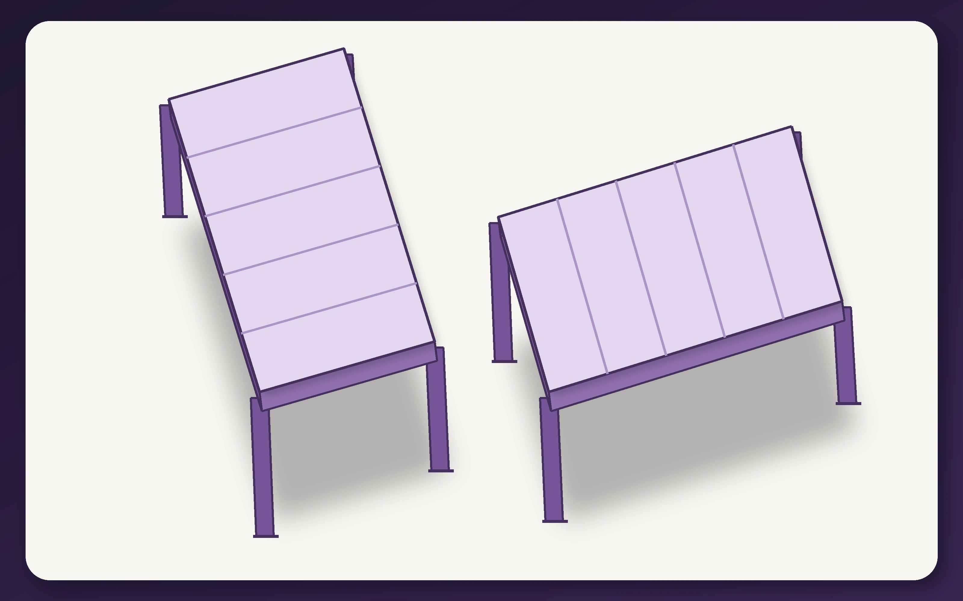 Shepard Tables illusion showing two tables whose identical purple tabletops appear long and narrow or short and wide