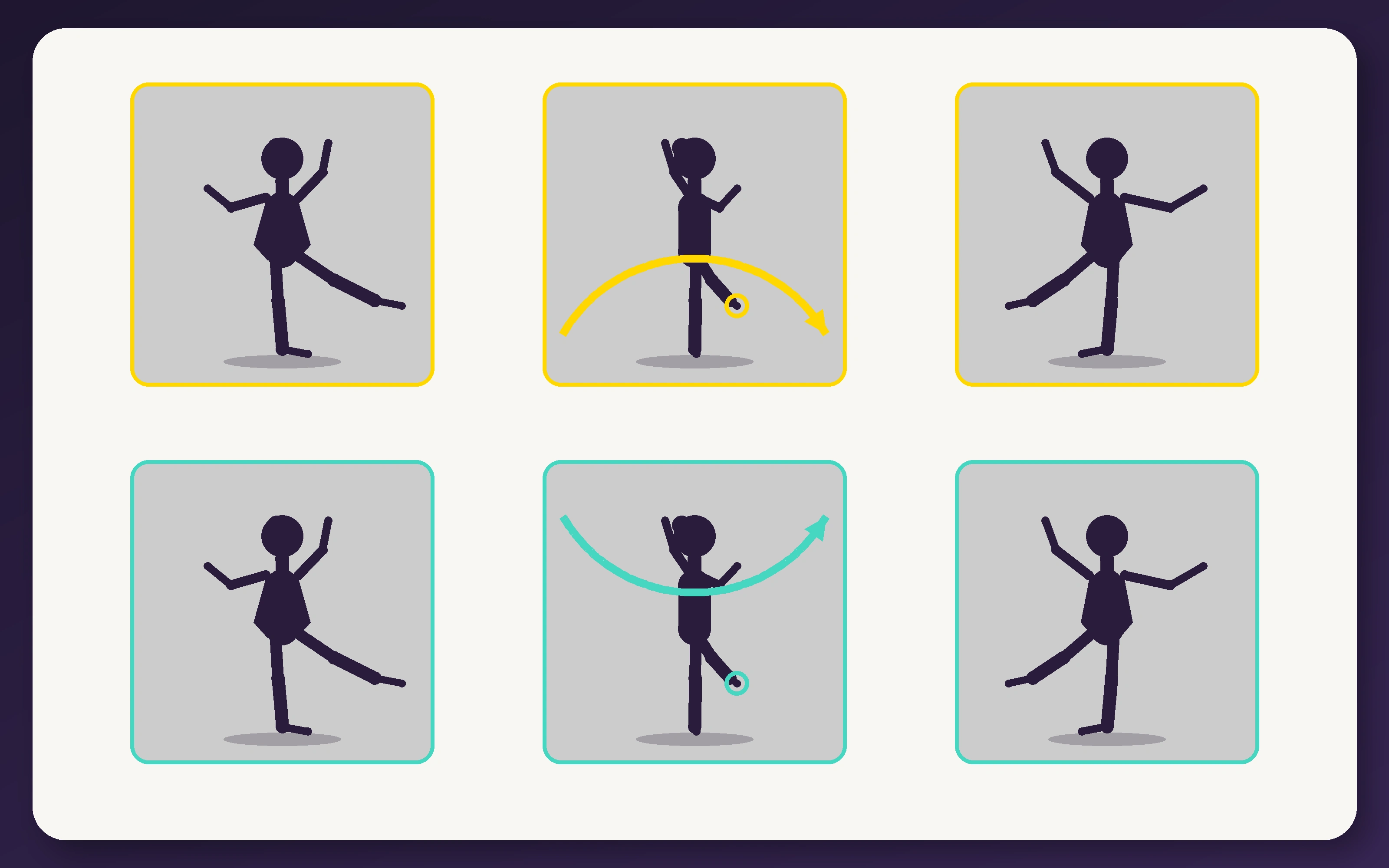 Proof of the Spinning Dancer illusion showing the same three-frame sequence interpreted with clockwise and counterclockwise arrows