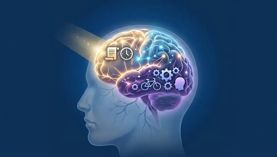 Brain illustration showing conscious and unconscious memory systems