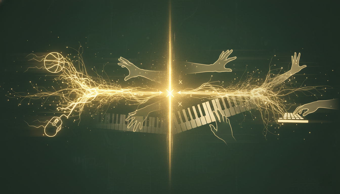 Hands playing piano, basketball, and keyboard representing bilateral coordination in sports, music, and gaming