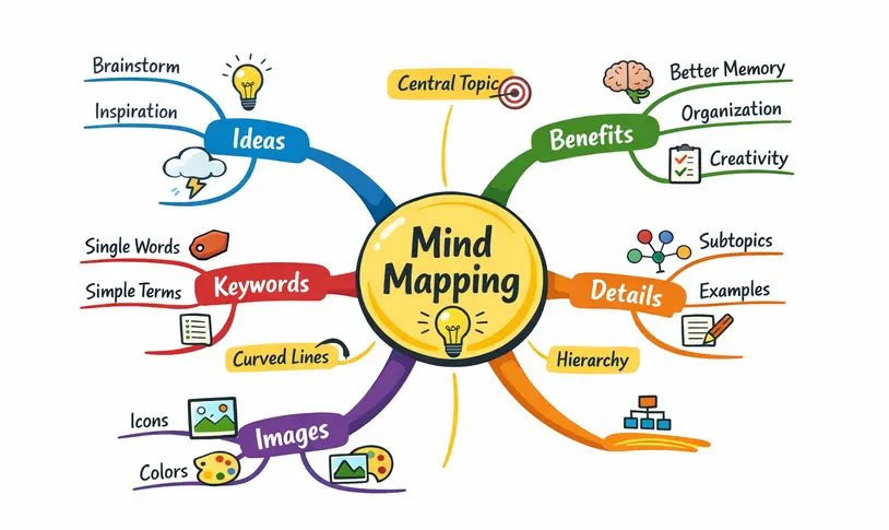 Example mind map showing Mind Mapping as the central topic with colorful radial branches for Ideas, Benefits, Keywords, Details, and Images — demonstrating central topic, curved branches, color coding, single keywords, icons, and hierarchy