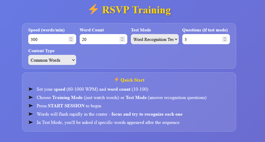 RSVP training tool interface showing speed controls and test mode options