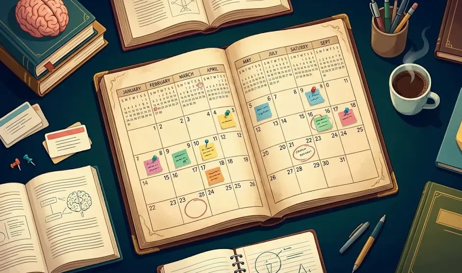 Calendar showing spaced study sessions over time