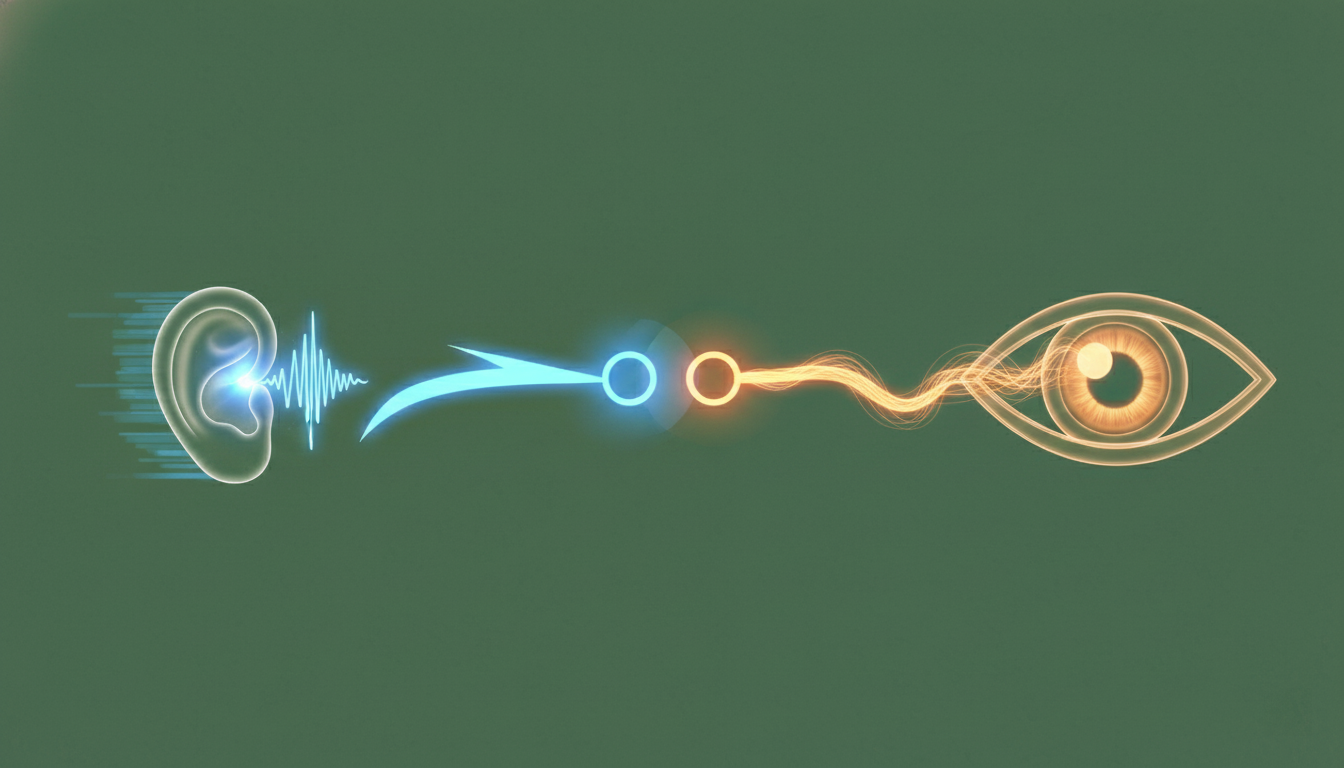 Comparison of ear and eye icons representing auditory and visual reaction pathways converging at the brain